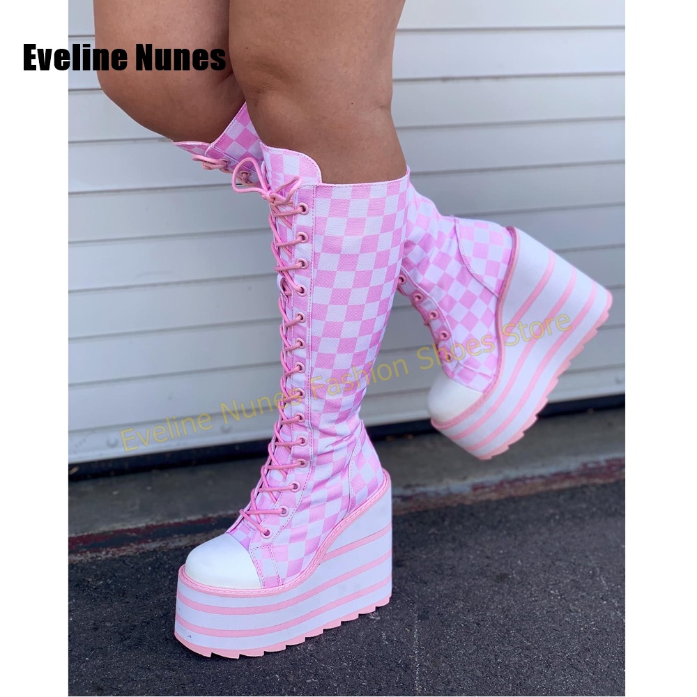 Women'S Shoes Y2K - Damen Rosa-Weiße Karierte Plateau-Stiefel mit Runder