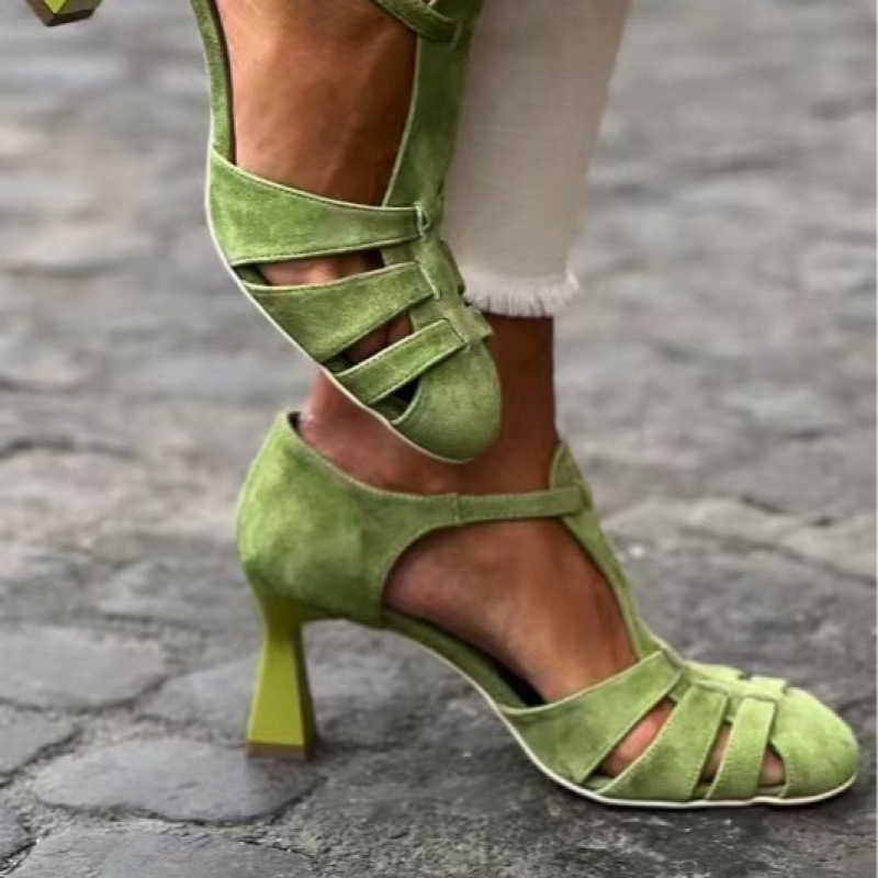 Women Shoes Formal - Damen Grüne Wildleder Kitten-Heel T-Riemen Sandalen