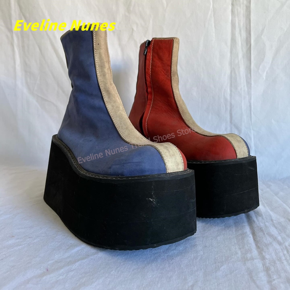 Women'S Shoes Y2K - Y2K Rot-Blaue Plateau-Stiefeletten mit Rundzehe und