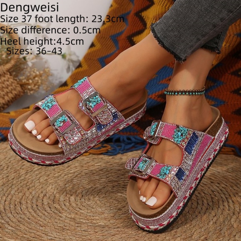 Cork Wedge Sandal - Modische Rosa Perlenverzierte Plateau-Keilsandalen für Damen