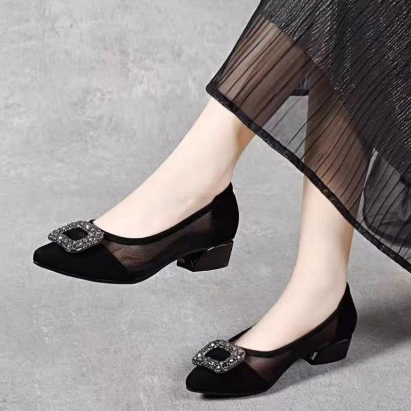 Women Shoes Formal - Elegante Spitze Mesh-Pumps mit Blockabsatz, Strass-Quadratschnalle
