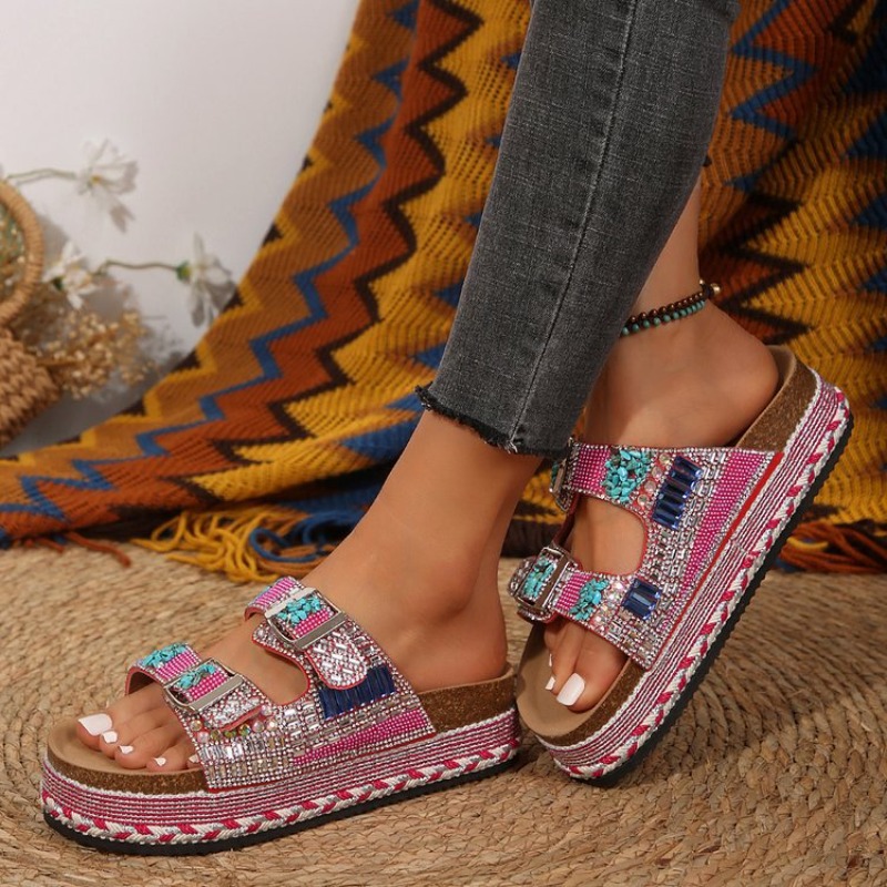 Modische Rosa Perlenverzierte  – Cork Wedge Sandal Bewertung und Preis