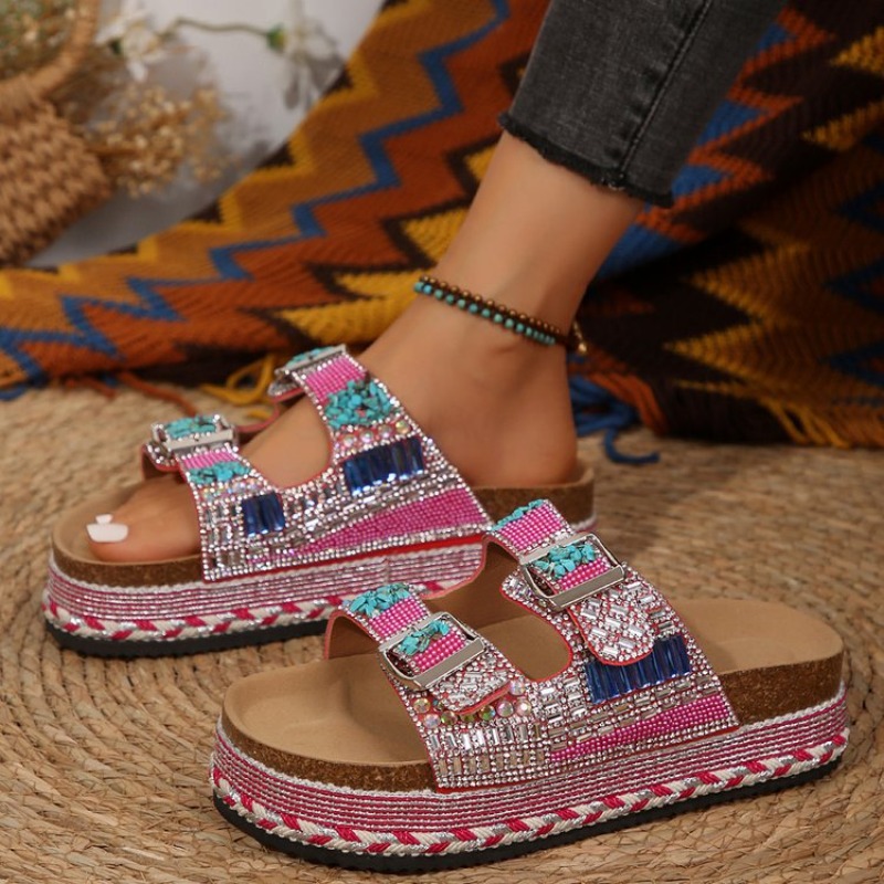 Modische Rosa Perlenverzierte  – Cork Wedge Sandal Bewertung und Preis